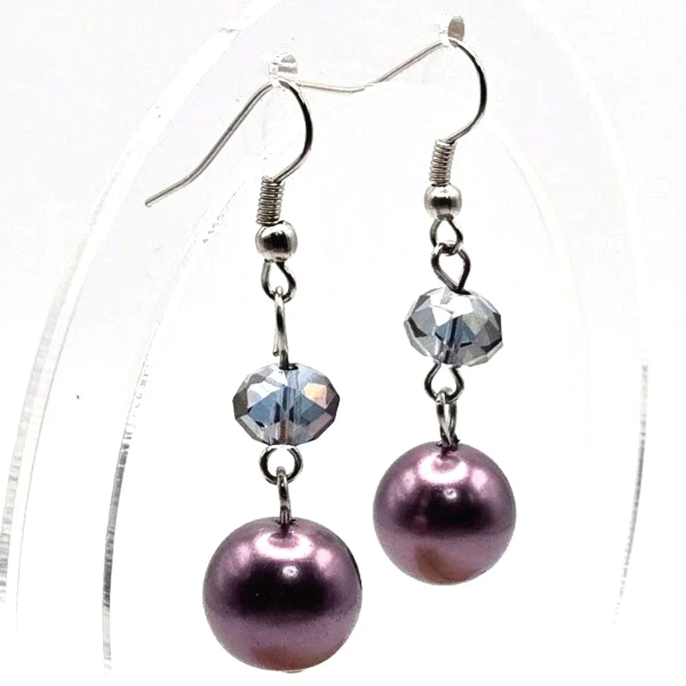 Gray Glass Faux Pearls and AB Glass Beads Silvertone Drop Dangle Hook Earrings‎